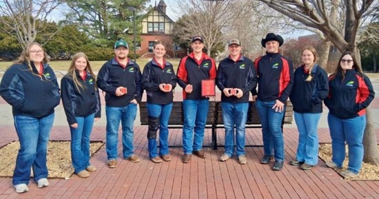 NCTA Crops Judging Team with awards (L-R): Kyra Jespersen, Hemingford, NE; Jada Eilert, Jewell, KS; Aaron Underwood, Esbon, KS; KaCee Jo Saffer, Arriba, CO; Wyatt Ozenbaugh, Ohiowa, NE; Grant Ottun, Sargent, NE; Hailey Loutzenhizer, Flagler, CO; Mason Semler, Exeter, NE; and Rachel Bose, McCook, NE.