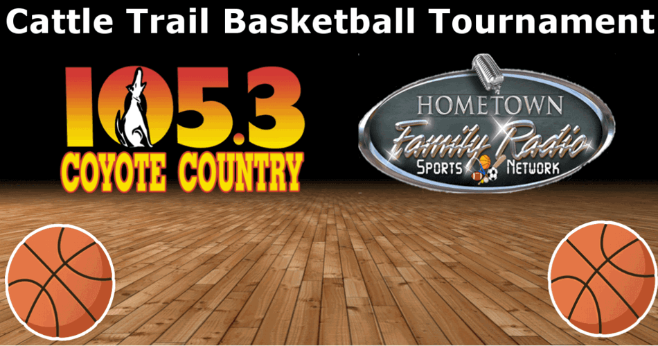 Basketball court in the background with the words Cattle Trail Basketball Tournament across the top, the KIOD-FM 105.3 logo on the left and the Hometown Family Radio logo on the right.